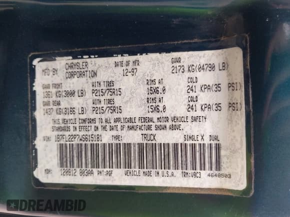 ✅ 1998 Dodge Dakota • VIN: 1B7FL22P7WS615181 • Lot: 42900447. Wystawiony na IAAI z przebiegiem 120 670 mil. Bezpłatny archiwum sprzedaży aukcyjnych z USA i szczegółowy raport historii pojazdu na DreamBid. Zdjęcie 9.