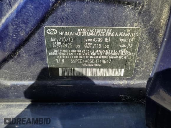 ✅ 2013 Hyundai Sonata GLS • VIN: 5NPEB4AC6DH748647 • Лот: 70769005. Опубликован ранее на Copart с пробегом Не указан. Бесплатный доступ к архиву аукционных продаж из США и подробный отчёт об истории автомобиля на DreamBid. Изображение 12.