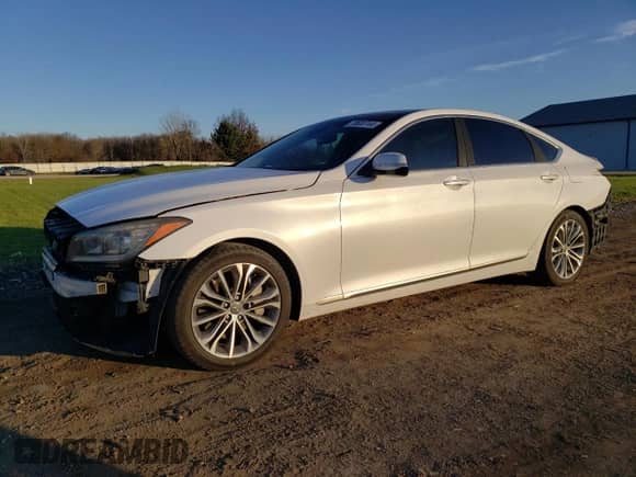 2015 Hyundai Genesis 3.8L z VIN KMHGN4JE6FU038458, wystawiony jako Copart lot #79600744 z przebiegiem 97 798 mil mil oraz Szkoda całkowita • Salvage title. Historia ofert i sprzedaży dostępna na DreamBid. Obrazek 1.