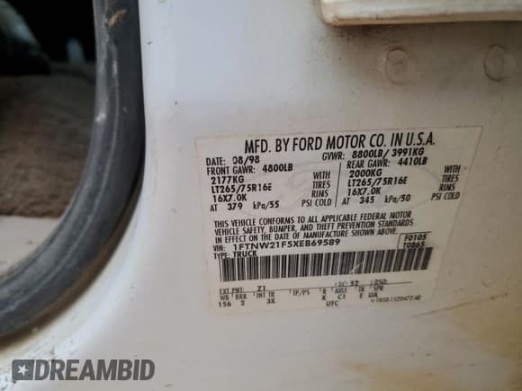 ✅ 1999 Ford F-250 XL • VIN: 1FTNW21F5XEB69589 • Lot: 51871235. Listed on Copart with 302,243 mi. Free auction sales archive from the USA and detailed vehicle history report at DreamBid. Image 12.