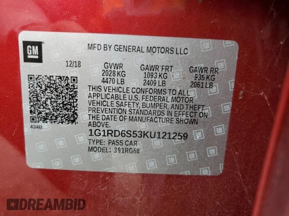 ✅ 2019 Chevrolet Volt Premier • VIN: 1G1RD6S53KU121259 • Lot: 64748583. Wystawiony na Copart z przebiegiem Nie podano. Bezpłatny archiwum sprzedaży aukcyjnych z USA i szczegółowy raport historii pojazdu na DreamBid. Zdjęcie 12.