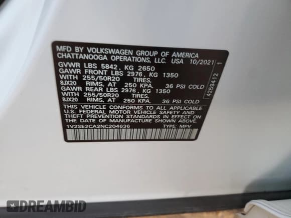 ✅ 2022 Volkswagen Atlas SEL R-Line • VIN: 1V2SE2CA2NC204636 • Lot: 41499385. Listed on Copart with 38,174 mi. Free auction sales archive from the USA and detailed vehicle history report at DreamBid. Image 13.