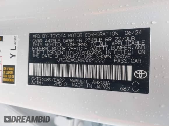2024 Toyota Prius SE with VIN JTDACACU4R3025222, listed as a IAAI auction lot 43452192 with 5,915 mi miles and . Bid and sale history available at DreamBid. Image 9.
