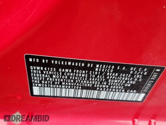 ✅ 2019 Volkswagen Jetta S • VIN: 3VWC57BU6KM081204 • Lot: 82762295. Wystawiony na Copart z przebiegiem 77 324 mil. Bezpłatny archiwum sprzedaży aukcyjnych z USA i szczegółowy raport historii pojazdu na DreamBid. Zdjęcie 12.