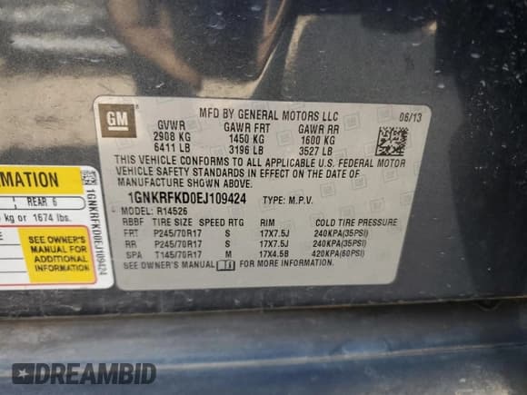 ✅ 2014 Chevrolet Traverse LS • VIN: 1GNKRFKD0EJ109424 • Lot: 71629364. Wystawiony na Copart z przebiegiem Nie podano. Bezpłatny archiwum sprzedaży aukcyjnych z USA i szczegółowy raport historii pojazdu na DreamBid. Zdjęcie 14.