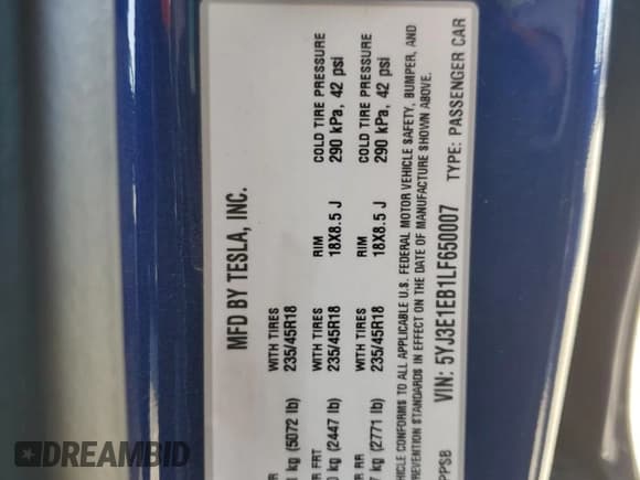✅ 2020 Tesla Model 3 Long Range • VIN: 5YJ3E1EB1LF650007 • Lot: 49925185. Wystawiony na Copart z przebiegiem 89 682 mil. Bezpłatny archiwum sprzedaży aukcyjnych z USA i szczegółowy raport historii pojazdu na DreamBid. Zdjęcie 12.