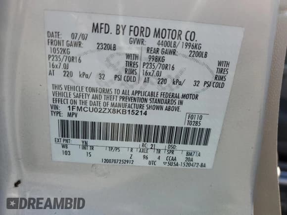 ✅ 2008 Ford Escape XLS • VIN: 1FMCU02ZX8KB15214 • Lot: 53585195. Listed on Copart with 241,310 mi. Free auction sales archive from the USA and detailed vehicle history report at DreamBid. Image 12.