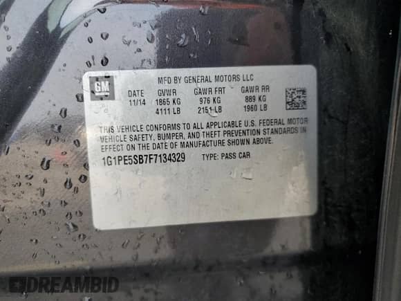 2015 Chevrolet Cruze LT with VIN 1G1PE5SB7F7134329, listed as a Copart auction lot 82057185 with 155,667 mi miles and Salvage title. Bid and sale history available at DreamBid. Image 12.