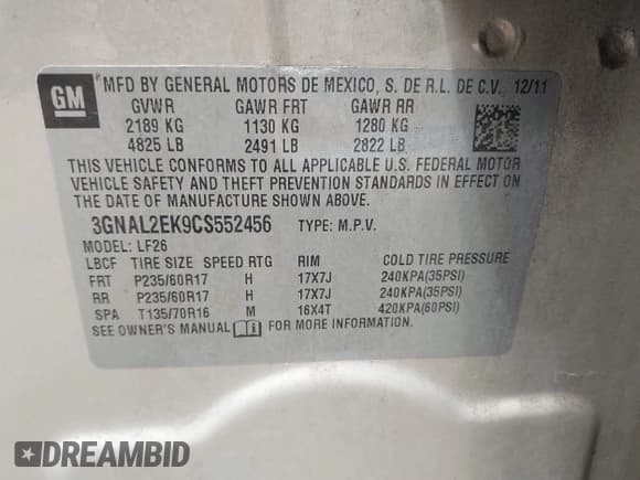 ✅ 2012 Chevrolet Captiva Sport LS • VIN: 3GNAL2EK9CS552456 • Lot: 42184144. Wystawiony na IAAI z przebiegiem 113 909 mil. Bezpłatny archiwum sprzedaży aukcyjnych z USA i szczegółowy raport historii pojazdu na DreamBid. Zdjęcie 9.