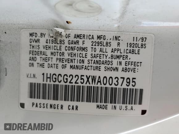 ✅ 1998 Honda Accord EX • VIN: 1HGCG225XWA003795 • Lot: 90702255. Listed on Copart with 313,791 mi. Free auction sales archive from the USA and detailed vehicle history report at DreamBid. Image 12.