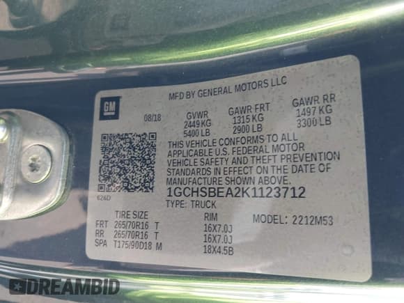 ✅ 2019 Chevrolet Colorado 2WD Work Truck • VIN: 1GCHSBEA2K1123712 • Lot: 42928337. Wystawiony na IAAI z przebiegiem 82 883 mil. Bezpłatny archiwum sprzedaży aukcyjnych z USA i szczegółowy raport historii pojazdu na DreamBid. Zdjęcie 9.