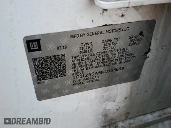 ✅ 2019 Chevrolet Impala LT • VIN: 1G11Z5SA5KU135699 • Лот: 70814344. Опубликован ранее на Copart с пробегом 71 579 миль. Бесплатный доступ к архиву аукционных продаж из США и подробный отчёт об истории автомобиля на DreamBid. Изображение 12.