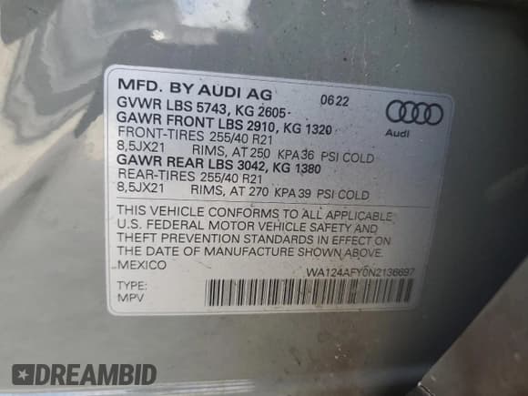 ✅ 2022 Audi SQ5 Sportback Premium Plus • VIN: WA124AFY0N2136697 • Lot: 51626335. Listed on Copart with 34,053 mi. Free auction sales archive from the USA and detailed vehicle history report at DreamBid. Image 15.