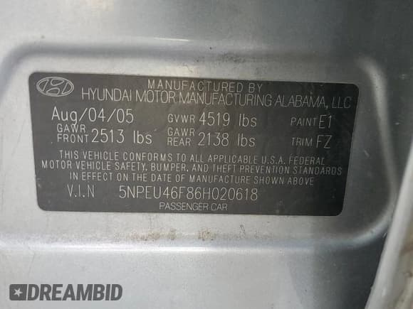 ✅ 2006 Hyundai Sonata GLS • VIN: 5NPEU46F86H020618 • Лот: 78837574. Опубликован ранее на Copart с пробегом 158 855 миль. Бесплатный доступ к архиву аукционных продаж из США и подробный отчёт об истории автомобиля на DreamBid. Изображение 12.