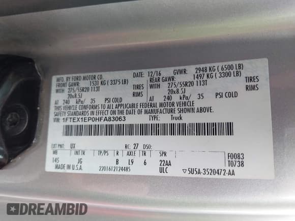 ✅ 2017 Ford F-150 XL • VIN: 1FTEX1EP0HFA83063 • Lot: 42746608. Listed on IAAI with 116,818 mi. Free auction sales archive from the USA and detailed vehicle history report at DreamBid. Image 9.