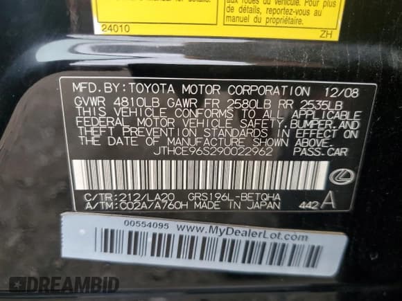 ✅ 2009 Lexus GS 350 • VIN: JTHCE96S290022962 • Lot: 82053765. Listed on Copart with 119,831 mi. Free auction sales archive from the USA and detailed vehicle history report at DreamBid. Image 12.