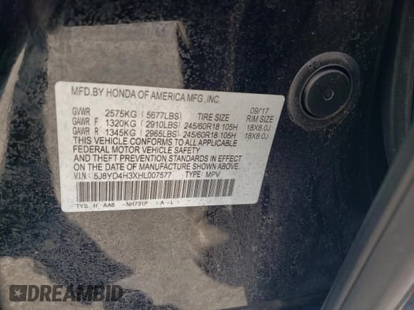✅ 2017 Acura MDX • VIN: 5J8YD4H3XHL007577 • Lot: 92287695. Listed on Copart with 134,305 mi. Free auction sales archive from the USA and detailed vehicle history report at DreamBid. Image 13.