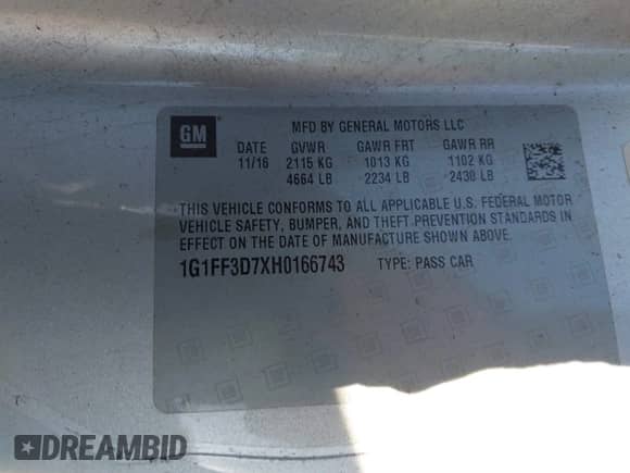 2017 Chevrolet Camaro 1SS с VIN 1G1FF3D7XH0166743, выставлен на аукционе IAAI как лот 41827546 с пробегом Не указан миль и . История ставок и продаж доступна на DreamBid. Изображение 9.