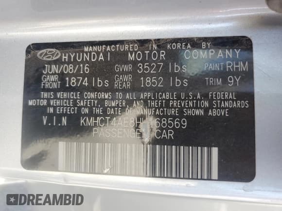 ✅ 2017 Hyundai Accent SE • VIN: KMHCT4AE8HU168569 • Lot: 81775035. Listed on Copart with 115,483 mi. Free auction sales archive from the USA and detailed vehicle history report at DreamBid. Image 13.