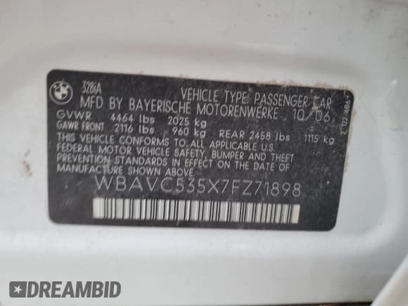 ✅ 2007 BMW 3 Series 328i • VIN: WBAVC535X7FZ71898 • Lot: 88534075. Wystawiony na Copart z przebiegiem Nie podano. Bezpłatny archiwum sprzedaży aukcyjnych z USA i szczegółowy raport historii pojazdu na DreamBid. Zdjęcie 12.