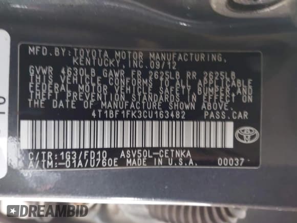 ✅ 2012 Toyota Camry SE • VIN: 4T1BF1FK3CU163482 • Lot: 43819409. Listed on IAAI with 163,118 mi. Free auction sales archive from the USA and detailed vehicle history report at DreamBid. Image 9.