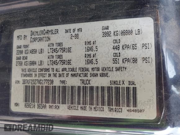 ✅ 1999 Dodge 2500 • VIN: 3B7KF23Z7XG177230 • Lot: 41792664. Listed on IAAI with 441,626 mi. Free auction sales archive from the USA and detailed vehicle history report at DreamBid. Image 9.
