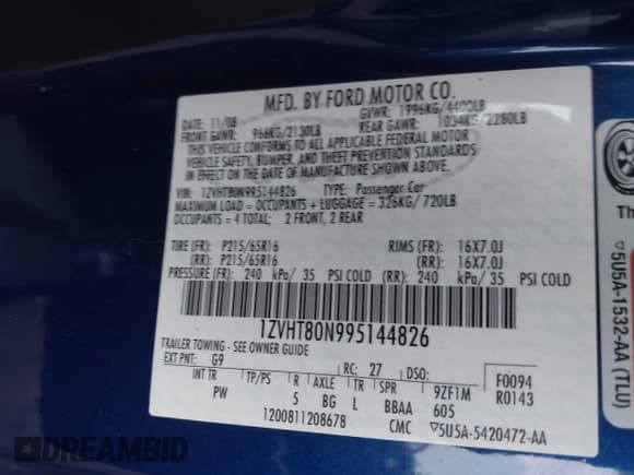 ✅ 2009 Ford Mustang • VIN: 1ZVHT80N995144826 • Lot: 43756704. Listed on IAAI with 89,394 mi. Free auction sales archive from the USA and detailed vehicle history report at DreamBid. Image 9.