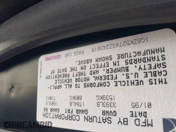 1995 Saturn SL with VIN 1G8ZK5274SZ243618, listed as a IAAI auction lot 43557765 with 78,780 mi miles and . Bid and sale history available at DreamBid. Image 9.