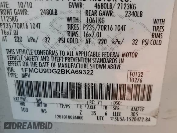 ✅ 2011 Ford Escape XLT • VIN: 1FMCU9DG2BKA69322 • Lot: 86880465. Listed on Copart with Not provided. Free auction sales archive from the USA and detailed vehicle history report at DreamBid. Image 13.