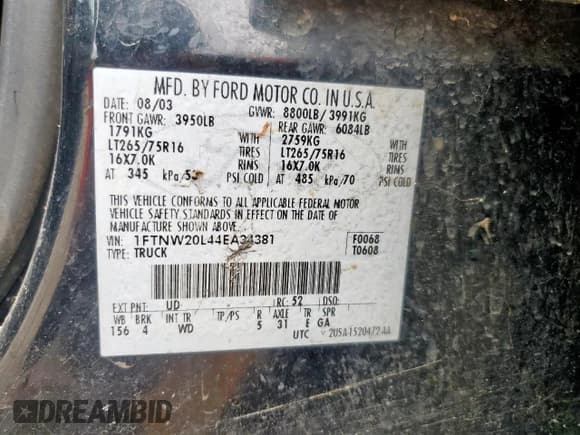 ✅ 2004 Ford F-250 XL • VIN: 1FTNW20L44EA34381 • Lot: 60494555. Listed on Copart with 310,947 mi. Free auction sales archive from the USA and detailed vehicle history report at DreamBid. Image 12.