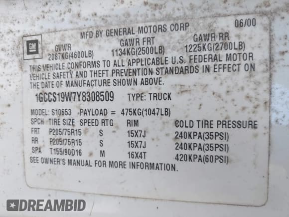 ✅ 2000 Chevrolet S-10 LS Xtreme • VIN: 1GCCS19W7Y8308509 • Лот: 41512183. Опубликован ранее на IAAI с пробегом 124 511 миль. Бесплатный доступ к архиву аукционных продаж из США и подробный отчёт об истории автомобиля на DreamBid. Изображение 9.