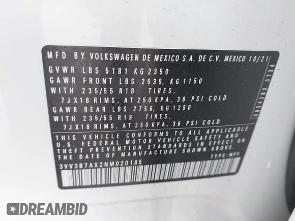 ✅ 2022 Volkswagen Tiguan SE • VIN: 3VV3B7AX2NM020185 • Lot: 42956464. Listed on IAAI with 31,023 mi. Free auction sales archive from the USA and detailed vehicle history report at DreamBid. Image 9.