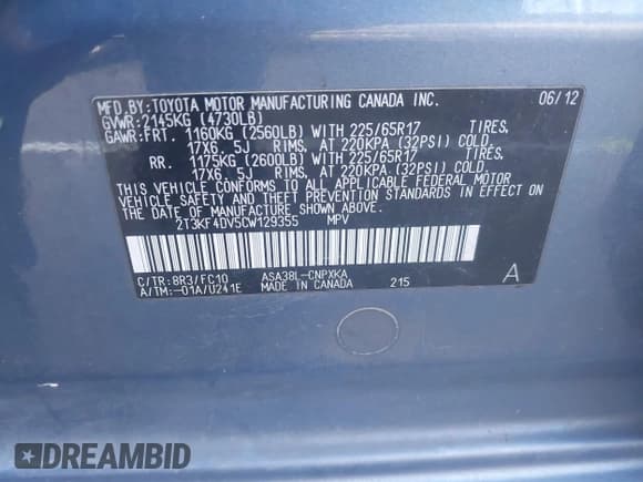 ✅ 2012 Toyota RAV4 • VIN: 2T3KF4DV5CW129355 • Lot: 43483811. Listed on IAAI with 277,805 mi. Free auction sales archive from the USA and detailed vehicle history report at DreamBid. Image 9.