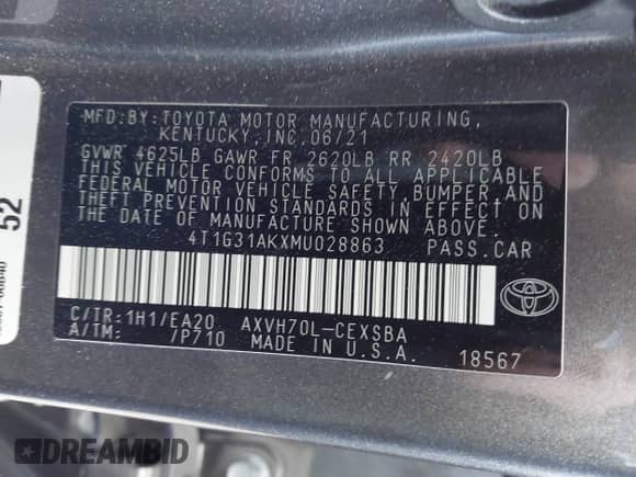 2021 Toyota Camry Hybrid SE с VIN 4T1G31AKXMU028863, выставлен на аукционе IAAI как лот 41946598 с пробегом 53 805 миль миль и . История ставок и продаж доступна на DreamBid. Изображение 9.