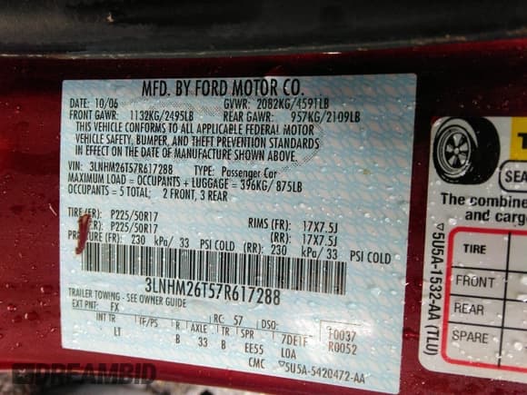 ✅ 2007 Lincoln MKZ • VIN: 3LNHM26T57R617288 • Lot: 34812005. Wystawiony na IAAI z przebiegiem Nie podano. Bezpłatny archiwum sprzedaży aukcyjnych z USA i szczegółowy raport historii pojazdu na DreamBid. Zdjęcie 9.