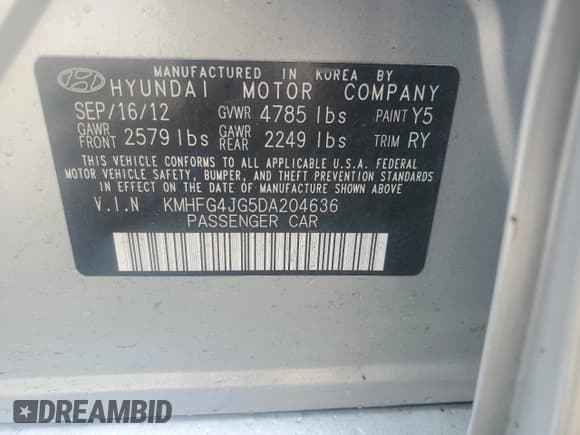 ✅ 2013 Hyundai Azera • VIN: KMHFG4JG5DA204636 • Лот: 59782945. Опубликован ранее на Copart с пробегом 74 494 миль. Бесплатный доступ к архиву аукционных продаж из США и подробный отчёт об истории автомобиля на DreamBid. Изображение 12.