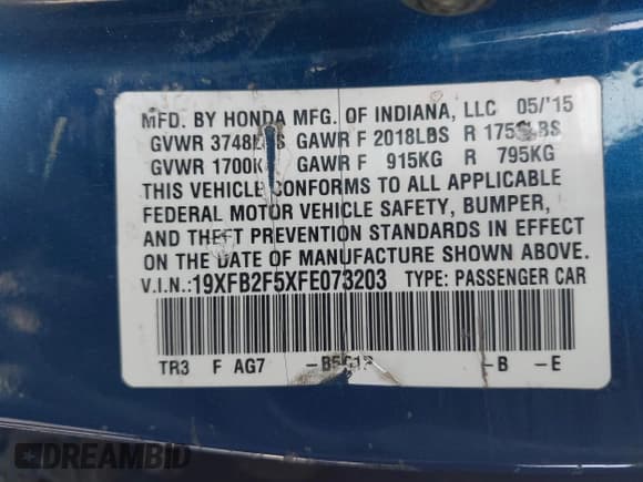 ✅ 2015 Honda Civic LX • VIN: 19XFB2F5XFE073203 • Лот: 43727341. Опубликован ранее на IAAI с пробегом 103 053 миль. Бесплатный доступ к архиву аукционных продаж из США и подробный отчёт об истории автомобиля на DreamBid. Изображение 9.