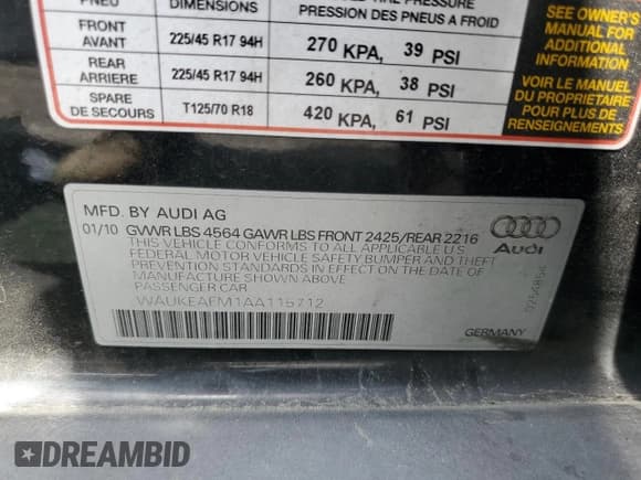 ✅ 2010 Audi A3 Premium Plus • VIN: WAUKEAFM1AA115712 • Lot: 57630645. Listed on Copart with 156,883 mi. Free auction sales archive from the USA and detailed vehicle history report at DreamBid. Image 12.