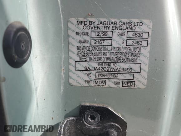 ✅ 2000 Jaguar XK • VIN: SAJJA42C9YNA04499 • Лот: 66028325. Опубликован ранее на Copart с пробегом Не указан. Бесплатный доступ к архиву аукционных продаж из США и подробный отчёт об истории автомобиля на DreamBid. Изображение 12.