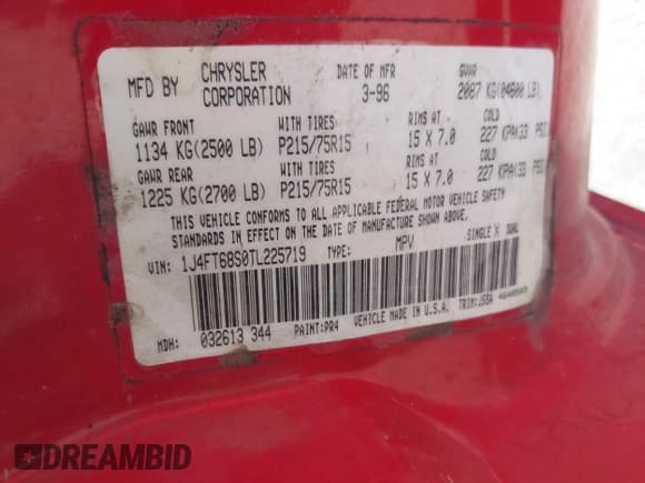 ✅ 1996 Jeep Cherokee Sport • VIN: 1J4FT68S0TL225719 • Lot: 42121351. Listed on IAAI with 237,602 mi. Free auction sales archive from the USA and detailed vehicle history report at DreamBid. Image 9.