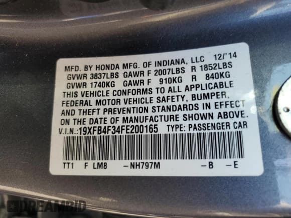 ✅ 2015 Honda Civic • VIN: 19XFB4F34FE200165 • Lot: 56542665. Listed on Copart with 110,678 mi. Free auction sales archive from the USA and detailed vehicle history report at DreamBid. Image 12.