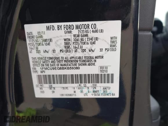 ✅ 2011 Ford Escape Limited • VIN: 1FMCU9EG8BKB59380 • Lot: 43806442. Listed on IAAI with 166,318 mi. Free auction sales archive from the USA and detailed vehicle history report at DreamBid. Image 9.