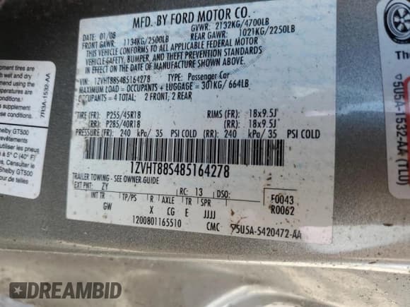 ✅ 2008 Ford Mustang Shelby GT500 • VIN: 1ZVHT88S485164278 • Lot: 56828585. Listed on Copart with 131,119 mi. Free auction sales archive from the USA and detailed vehicle history report at DreamBid. Image 13.