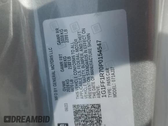 ✅ 2023 Chevrolet Camaro LT1 • VIN: 1G1FF1R70P0154547 • Lot: 80803455. Wystawiony na Copart z przebiegiem 17 636 mil. Bezpłatny archiwum sprzedaży aukcyjnych z USA i szczegółowy raport historii pojazdu na DreamBid. Zdjęcie 12.