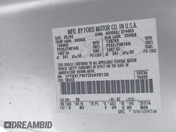 ✅ 2002 Ford F-150 XL • VIN: 1FTRX17W72NA98128 • Lot: 43835387. Listed on IAAI with 160,884 mi. Free auction sales archive from the USA and detailed vehicle history report at DreamBid. Image 9.