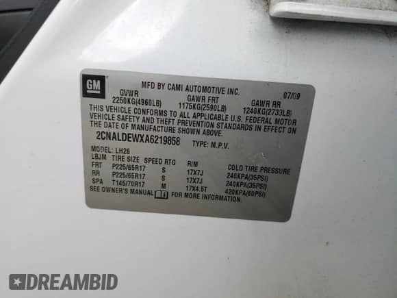 2010 Chevrolet Equinox 1LT z VIN 2CNALDEWXA6219858, wystawiony jako Copart lot #84550665 z przebiegiem 205 017 mil mil oraz Szkoda całkowita • Salvage title. Historia ofert i sprzedaży dostępna na DreamBid. Obrazek 13.