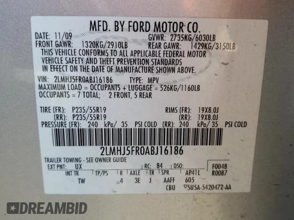 ✅ 2010 Lincoln MKT • VIN: 2LMHJ5FR0ABJ16186 • Lot: 93899195. Wystawiony na Copart z przebiegiem 97 316 mil. Bezpłatny archiwum sprzedaży aukcyjnych z USA i szczegółowy raport historii pojazdu na DreamBid. Zdjęcie 12.