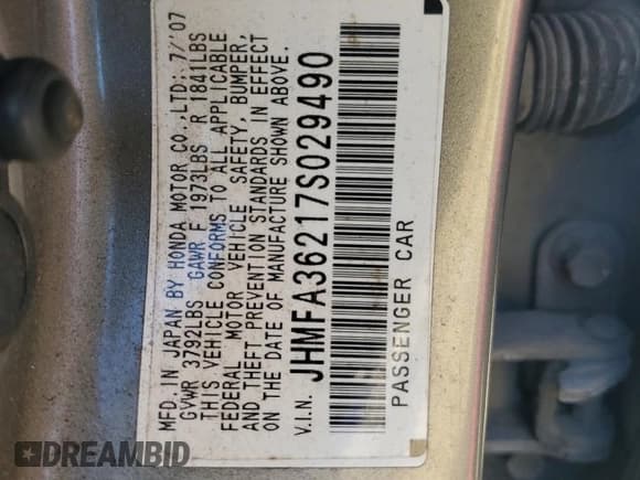 ✅ 2007 Honda Civic • VIN: JHMFA36217S029490 • Lot: 85843985. Listed on Copart with 299,113 mi. Free auction sales archive from the USA and detailed vehicle history report at DreamBid. Image 12.