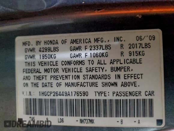 ✅ 2009 Honda Accord LX-P • VIN: 1HGCP26449A176590 • Lot: 94442785. Listed on Copart with 193,039 mi. Free auction sales archive from the USA and detailed vehicle history report at DreamBid. Image 12.