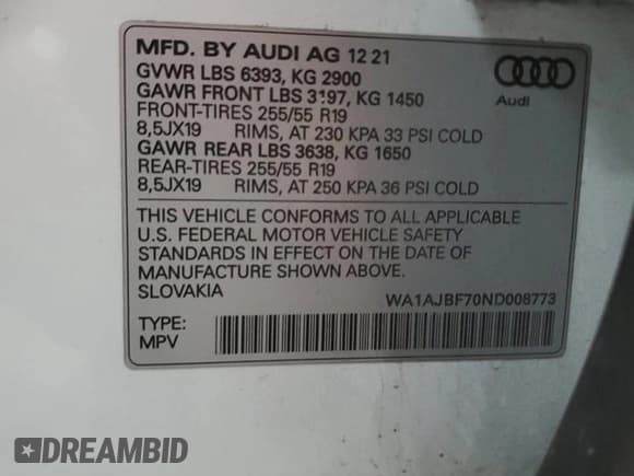 ✅ 2022 Audi Q7 Premium • VIN: WA1AJBF70ND008773 • Lot: 44066275. Wystawiony na Copart z przebiegiem 54 226 mil. Bezpłatny archiwum sprzedaży aukcyjnych z USA i szczegółowy raport historii pojazdu na DreamBid. Zdjęcie 13.